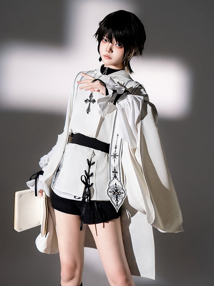 Fashion - Sleeveless Stoles Shorts Shirt + Full Sleeves Top Long Nun Ouji Lolita Hooded White Black Set