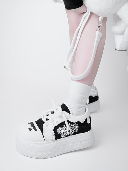 Design Print Otaku-Kwaii Lace-Up Trim Letter - Raw Edge Black Platform with Shoes White