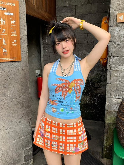 Palm with Self-tie Print Halter Blue Top Red