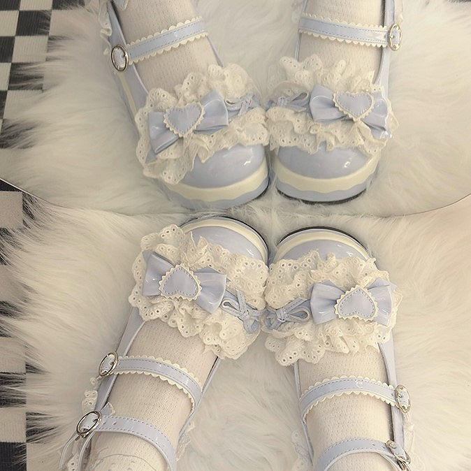 Trim Shoes - Light Strap Lolita Bow Scalloped Sweet Round-Toe Accents Blue Platform