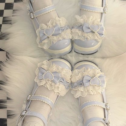 Trim Shoes - Light Strap Lolita Bow Scalloped Sweet Round-Toe Accents Blue Platform