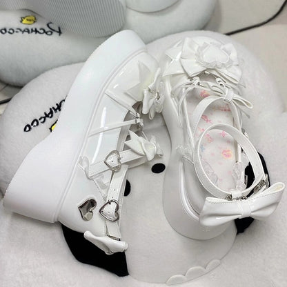 Refined and PU Shoes Bow Heart Lace Details with Elegant Platform in Off-white Elements Lolita Trim Sweet