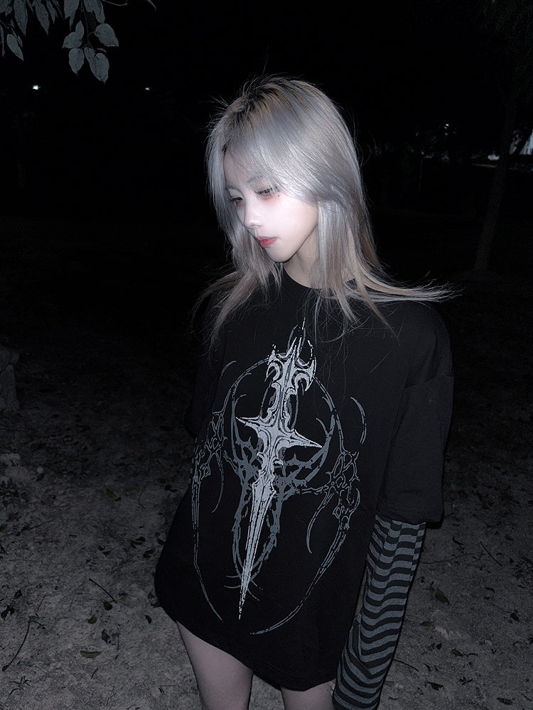 in with Faux Sigil Black Striped Gothic Sleeves Two-Piece Dark Style Top