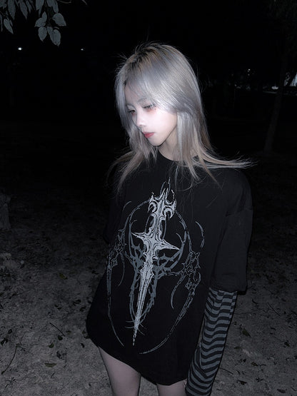 in with Faux Sigil Black Striped Gothic Sleeves Two-Piece Dark Style Top