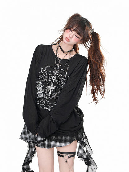 Schwarz/weißes, halbtransparentes, lockeres Sweatshirt mit Kreuzdruck und Kordelzug in der Taille