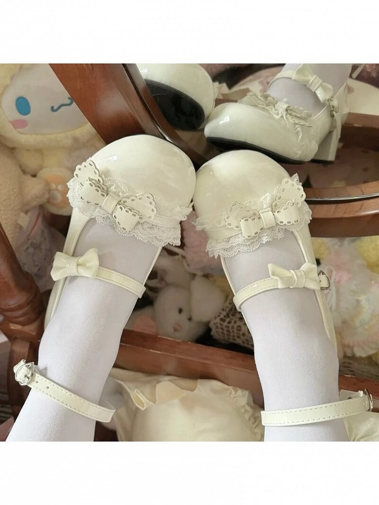 White Kawaii Butterfly Bow Round Toe Mary Jane Mid-Heel - MUMA Lolita