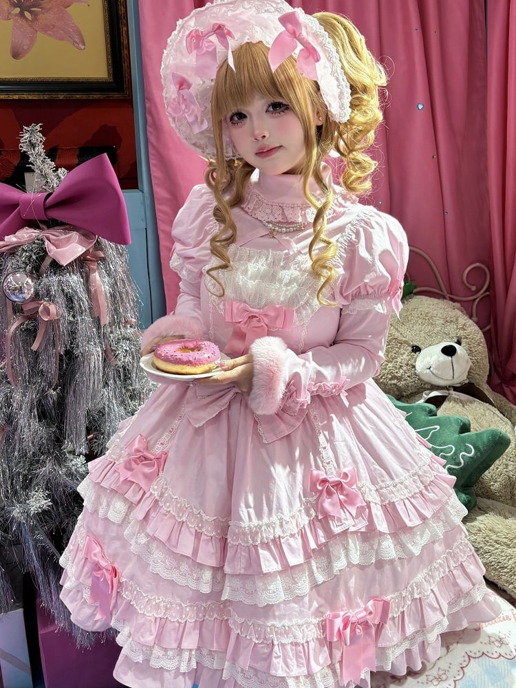 Rosa kurzes Schleifenkleid Old Lolita Accents Puff School mit Ärmeln