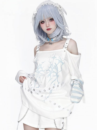 Blue wit Kei Decorations T-Shirt Printed Shoulder Cutout White Jirai Strap