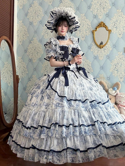 Blue & White Porcelain Print Lace Trim Bonnet with Veil - Sleepless Star