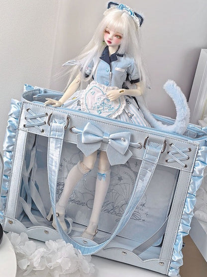 Blue Shoulder Bag with Bow and Ruffles for BJD Doll - Salt Tea