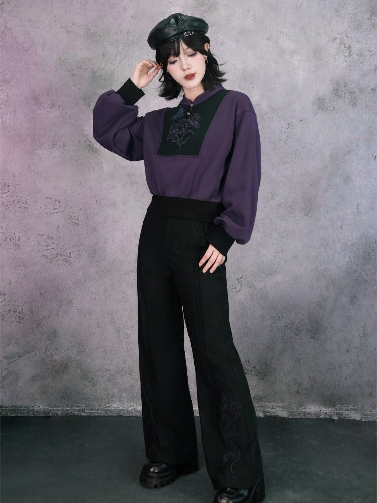 Gothic Black Flared Trousers with Asymmetrical Iris Embroidery - Quirky Hut