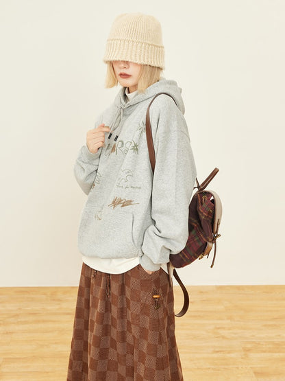 Pouch Vintage Cute Pullover Pocket Hoodie Hood Front Drawstring Print Gray -
