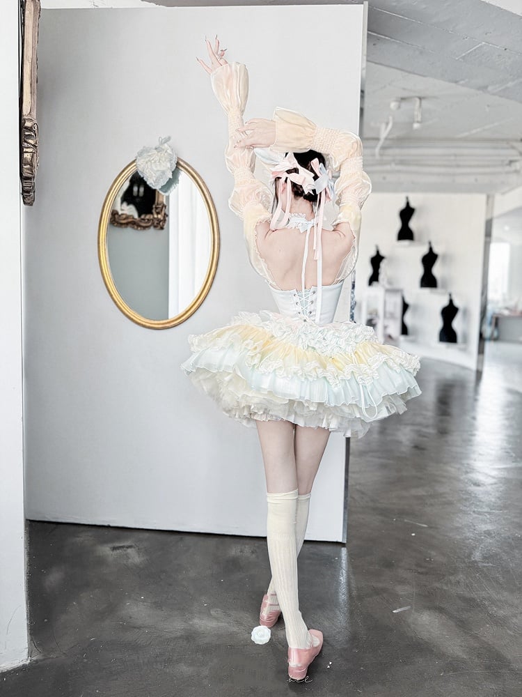 Süßes Lolita-Ballettkleid, blauer gestufter rosa Rock, gelbe Korsett-Taille