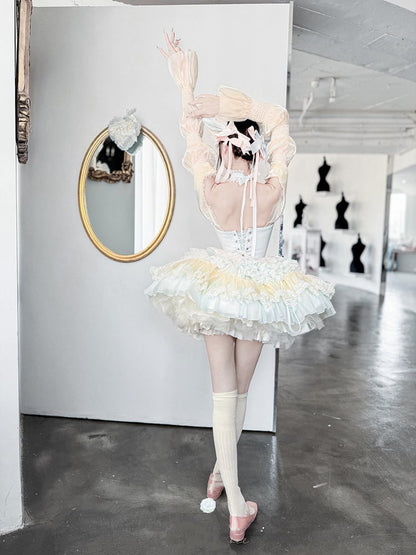 Süßes Lolita-Ballettkleid, blauer gestufter rosa Rock, gelbe Korsett-Taille