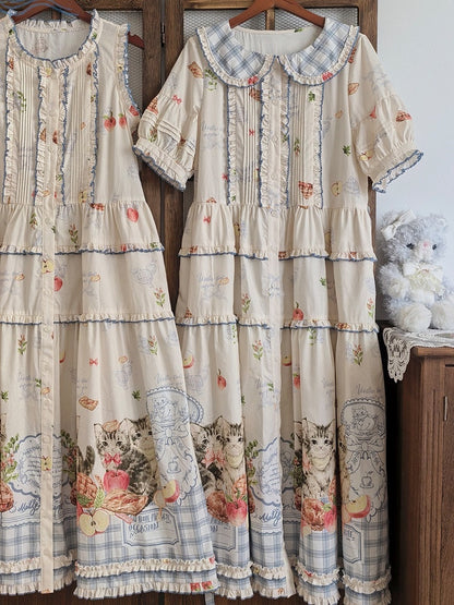 Sweet Puff Sleeve Cat and Apple Print Cotton OP Dress in Short or Long Length