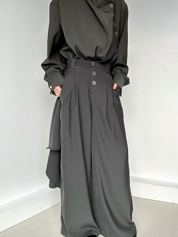 Closure Pockets Grey Ouji Button Slant Pants High-waisted with Lolita