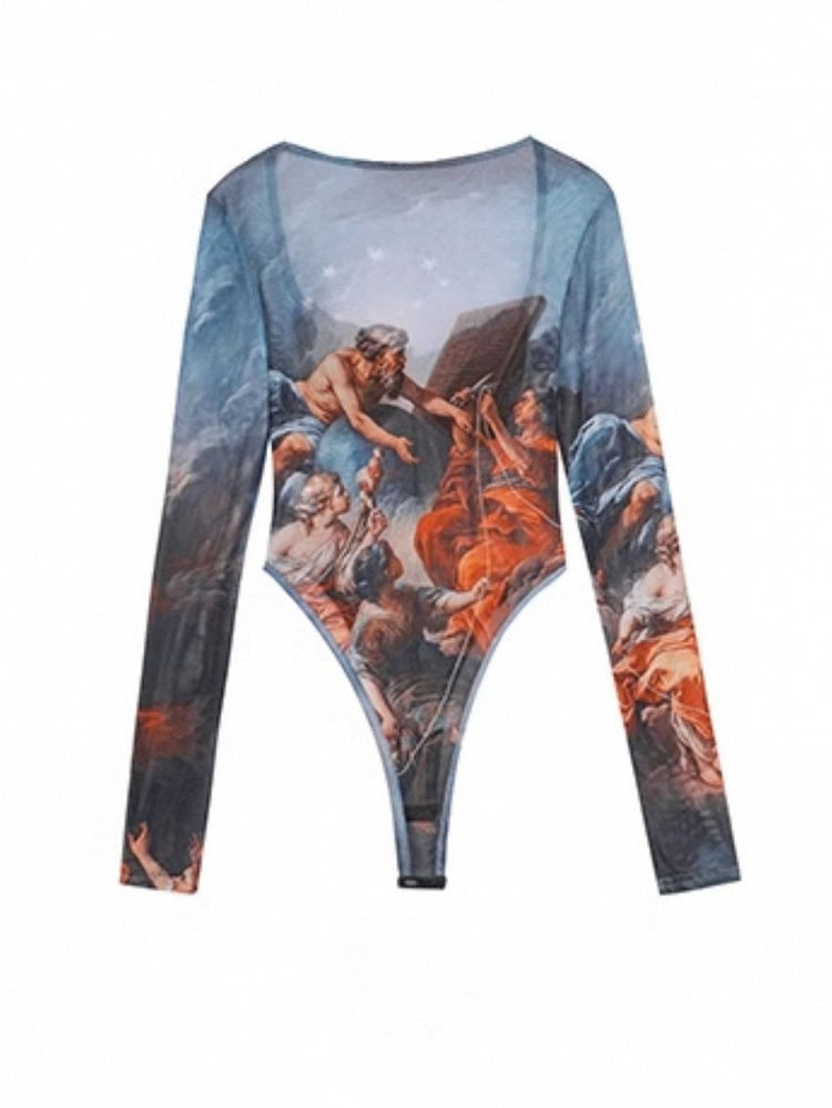 Detachable Square Painting Tulle Bodysuit with Oil Print Vintage