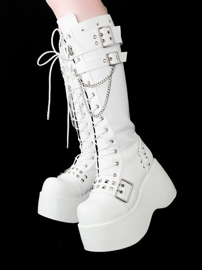 骨型メタルプレート マットホワイト パンク ウェッジ プラットフォーム ニーハイブーツ