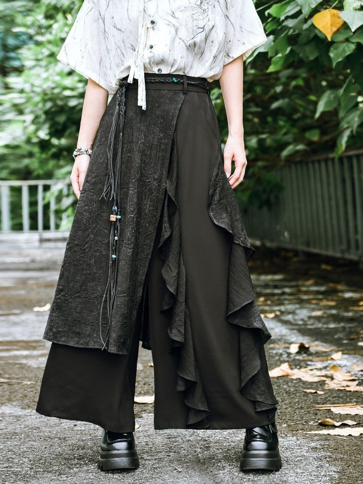 Dark Asymmetric Wide-Leg Pants with Spliced Panels - Quirky Hut