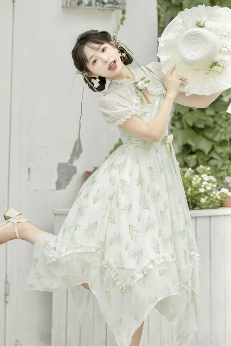Hem the of Valley Lily Light + Handkerchief Dress Green Print