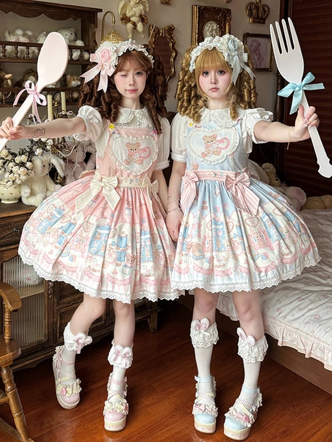 Print Overall Plush Toy Teddy Sweet Blue Dress Bunny Lolita and