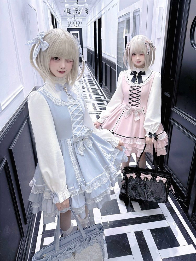 Jirai Pink Light Sweet Criss-Cross Dress Bodice Kei with Blue / Tiered Dreamy