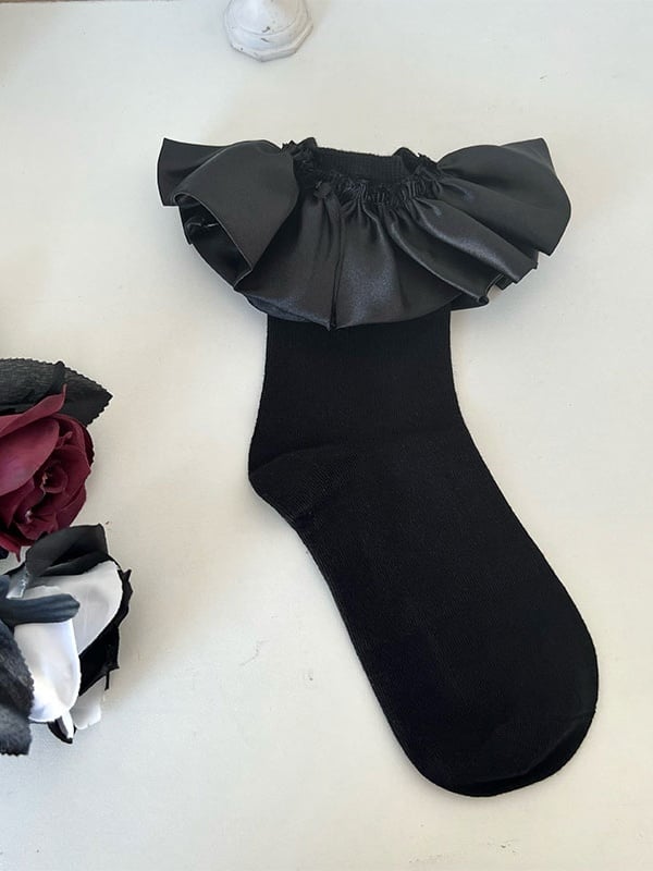 Black/White Satin Ruffled Trim Socks