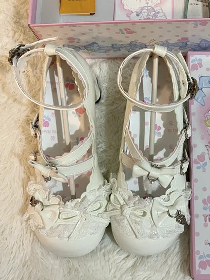 in with White PU Mid-heel Janes Mary Leather Bow Accents