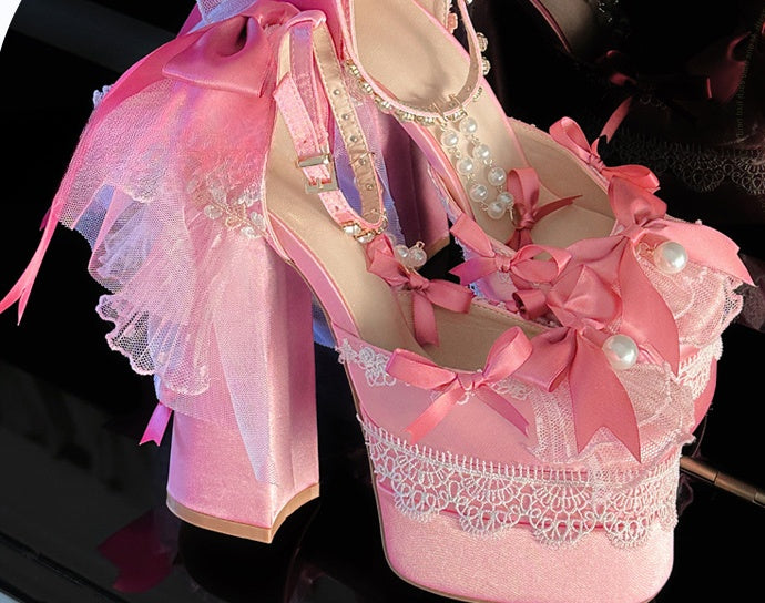 Pink Bows Lace Trim Rhinestone Ankle Strap Block Heel Hime Lolita Shoes with Beaded Chains