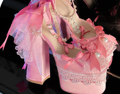 Pink Bows Lace Trim Rhinestone Ankle Strap Block Heel Hime Lolita Shoes with Beaded Chains