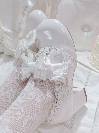 in Bow Sweet with Lace-Trimmed Mid Strap White Beaded Clasp Lolita Heart Heels