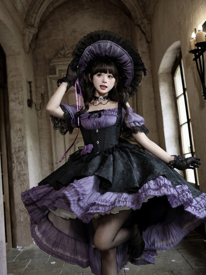 Gothic Underbust JSK Dress with Off-Shoulder Blouse, Purple & Black, High-Low Skirt - Sheer Ocean