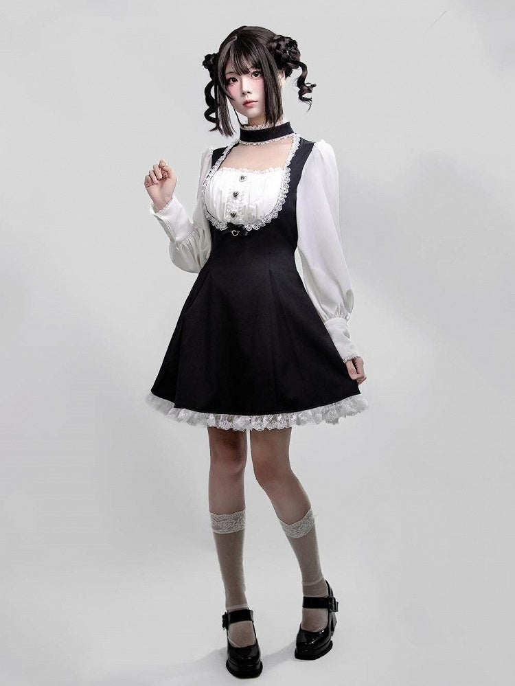 One-Piece Long with Jirai Choker Lace Sleeve White Kei Details Dress Black Design