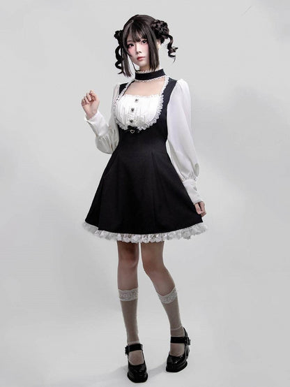 One-Piece Long with Jirai Choker Lace Sleeve White Kei Details Dress Black Design