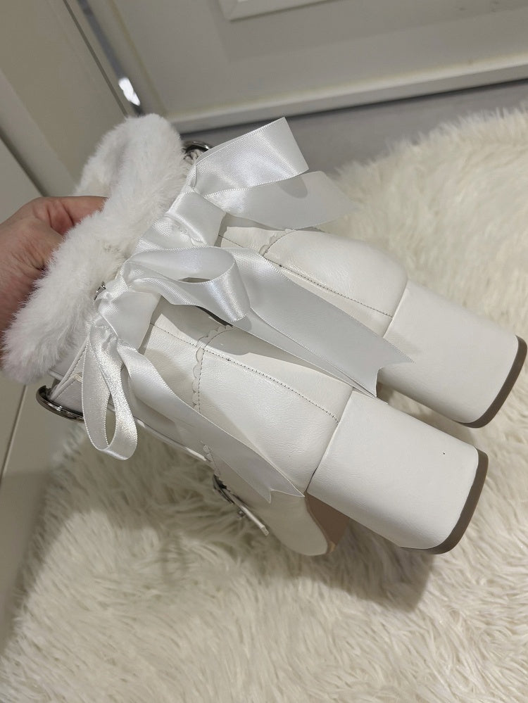 Block Removable Heel - in Bow Elegant PU Boots Interior White Plush High Collar with
