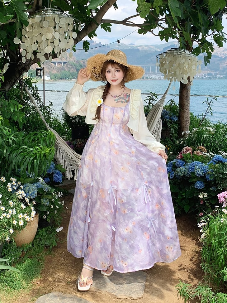 Details Chiffon-Camisole-Kleid mit Blumenmuster, drei Möglichkeiten, Übergröße, lila Schleifen