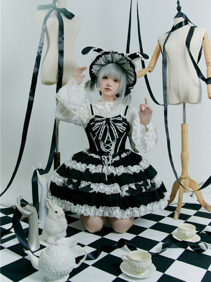 Black and White Old School Bowknot Details Lace Accents Balletcore Dress Lolita Jumper Skirt