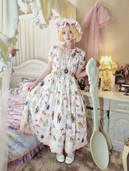 Rose Alice in Wonderland Print Round Neck Sweet Gown with Drawstring Waist - Forest Fairy Tales