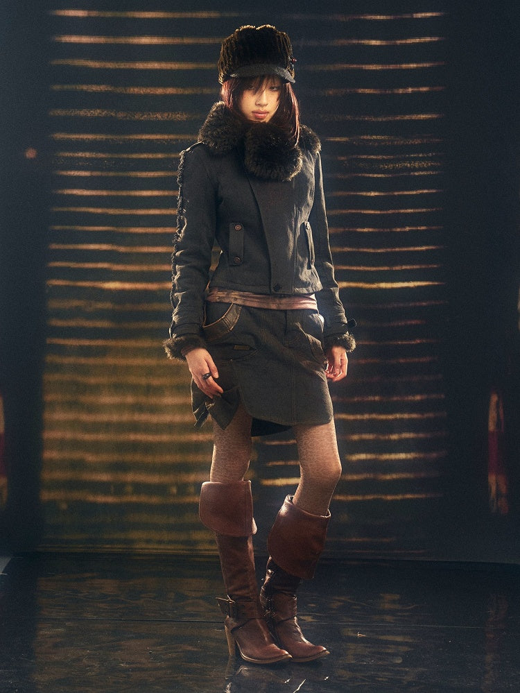 Multi-Slit Embroidery Design Skirt Black Short with Punk Denim