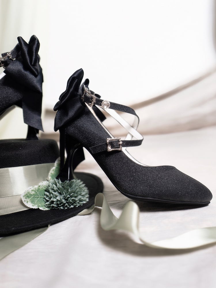 Elegant Bow Upper Glittered Back and Crystal Straps - Lolita with Stilettos Crisscross Pointed Toe Black