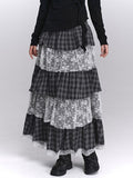 Tiered Skirt Black Layers White Maxi with Low-waist Plaid Lace