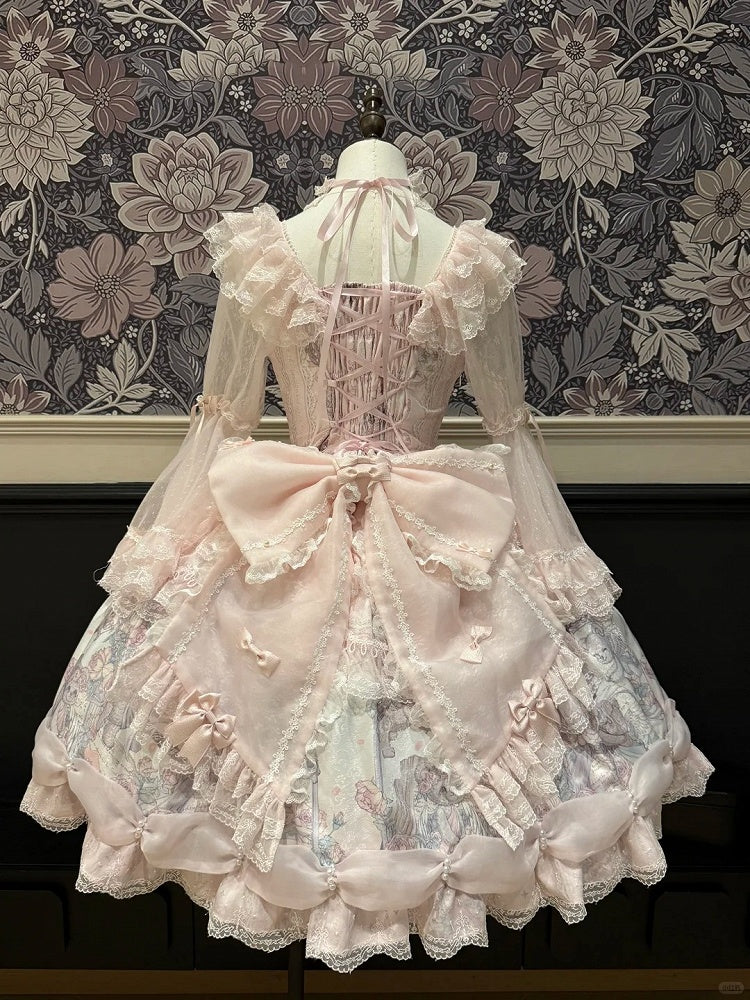 with Dress Hem Sleeves Bell Bear Lolita Angel Ribbon Pink Print Sweet