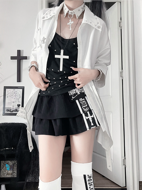 Collar White Shirt Asymmetrical Short-Sleeve Studded Hem with Punk