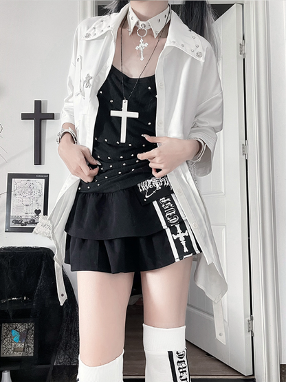 Collar White Shirt Asymmetrical Short-Sleeve Studded Hem with Punk