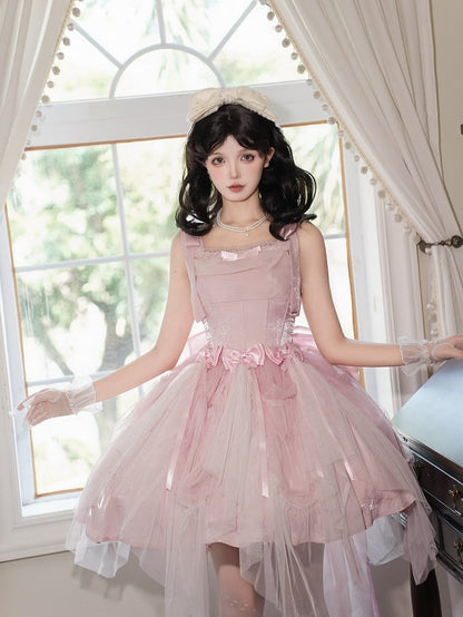 Kleid JSK Komplettes schimmerndes Set Basken-Taille Lolita mit Knochen Pink
