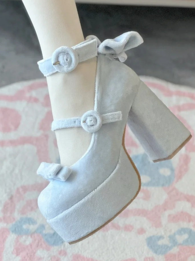 Janes Circle Platform Blue Mary Velvet Decor Bow High-heel Buckles