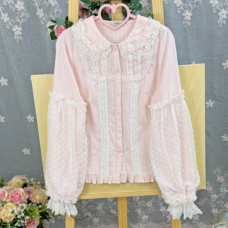Cotton Blouse Lolita Jacquard Sleeves Long Pink