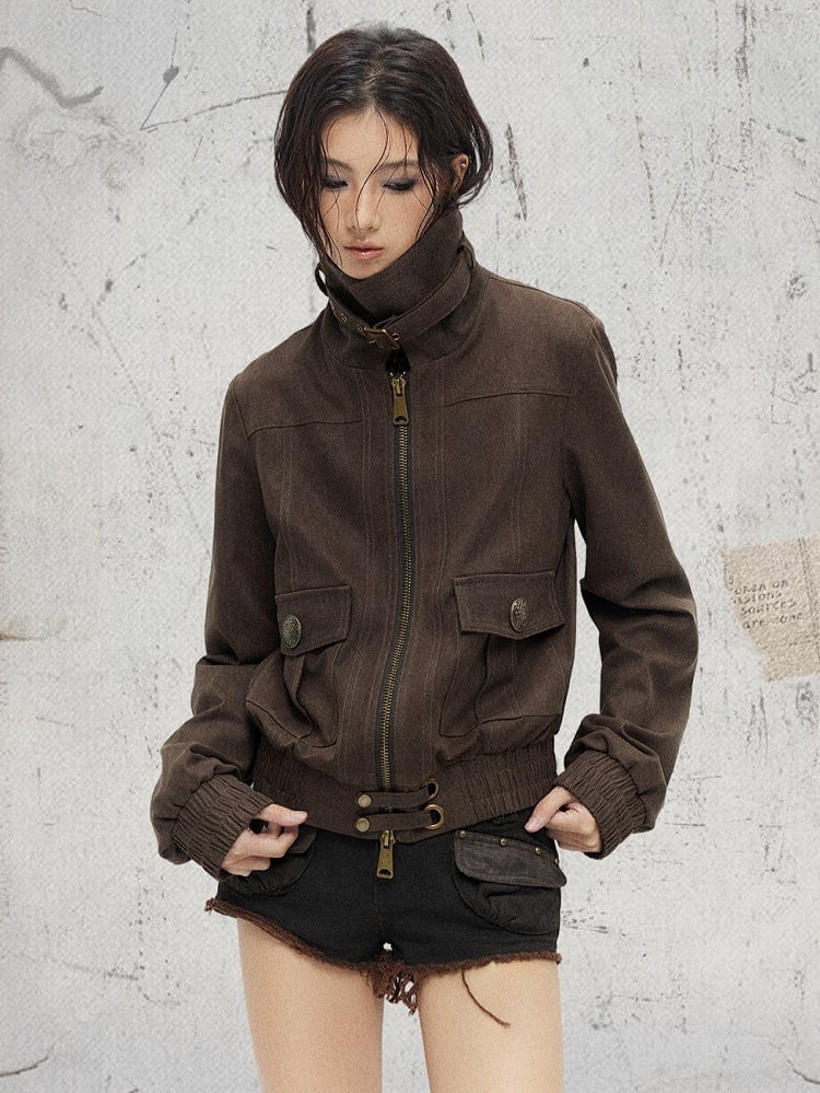 Buckle Vintage Mock Long Accents Brown Neck Sleeve Jacket -