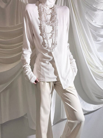 Sleeve Mock Long Slim-fitting Collar Top Prince White