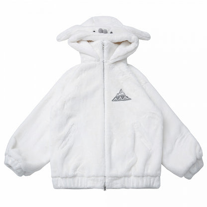 Lining Seal-inspired White Hooded Cozy Jacket with Fleece Plush